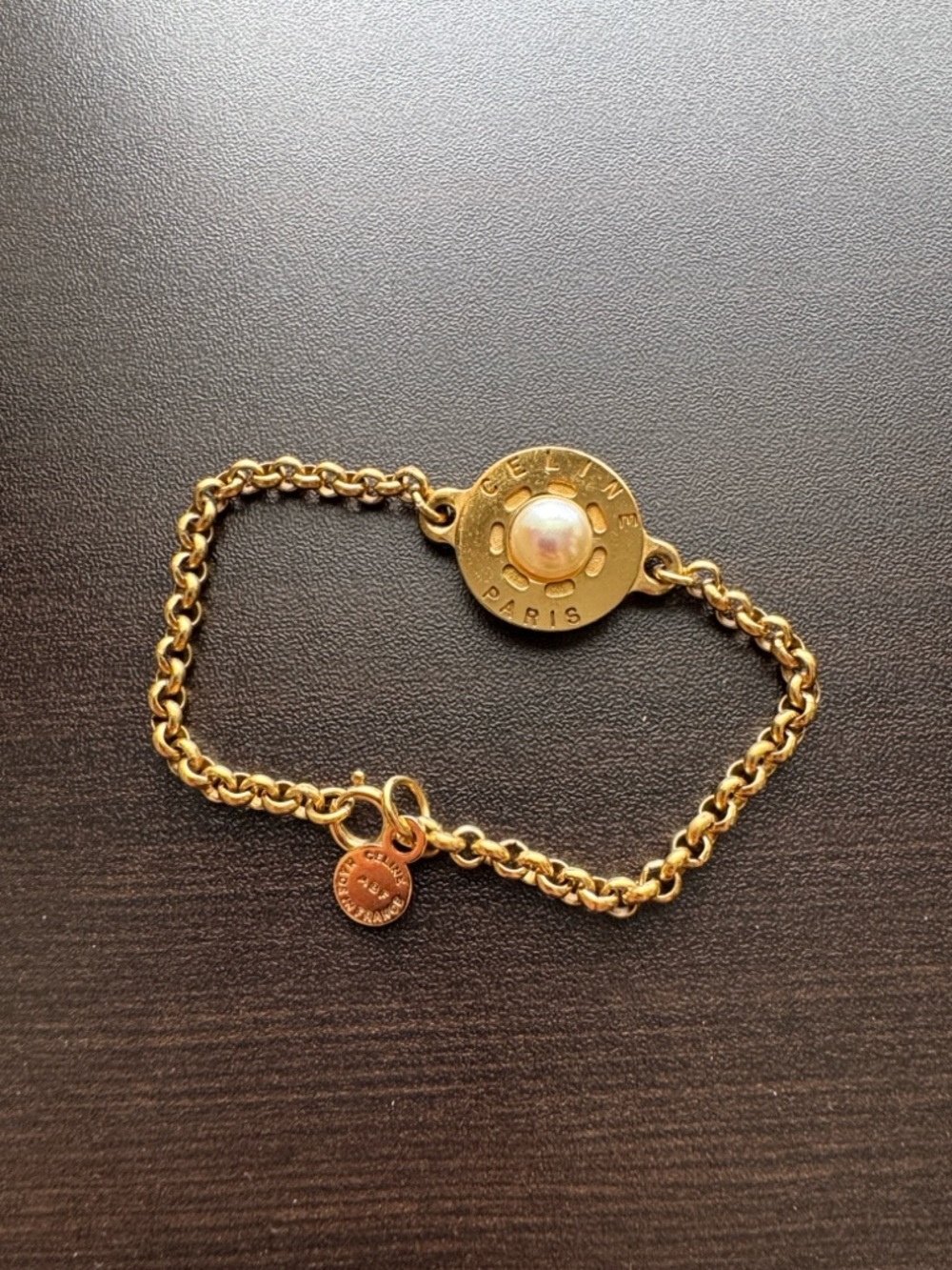 Celine Vintage Gold Chain Bracelet with Pearl Accent